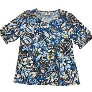 Anne Klein Knit Blouse Size M Scoop Neck Short Sleeve Blue Black Floral Roomy
